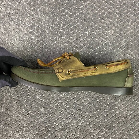 Filson Segago Docksides Shoes Mens 8 W Brown Green Boat Leather Canvas Tin Cloth - Picture 14 of 15